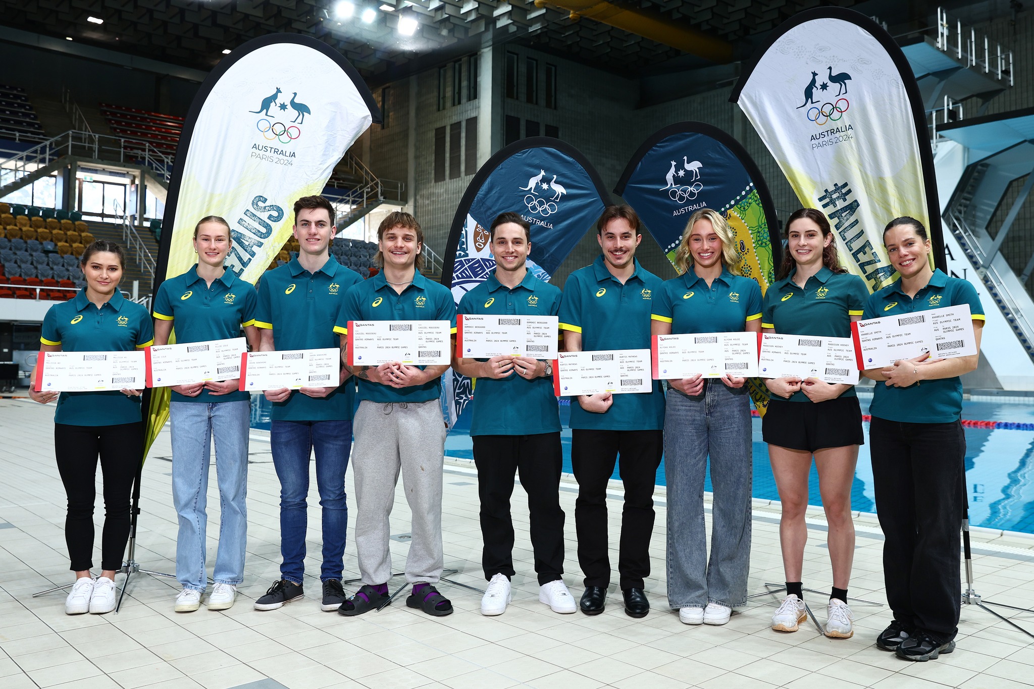 QAS-supported divers Cassiel Rousseau, Maddison Keeney and Alysha Koloi with the diving team selected for the Paris Olympics.